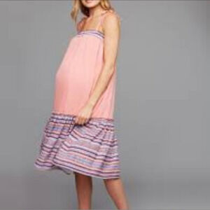 Q&A Maternity Pink Tiered Midi Dress - Boho Tie Shoulder Straps. Small